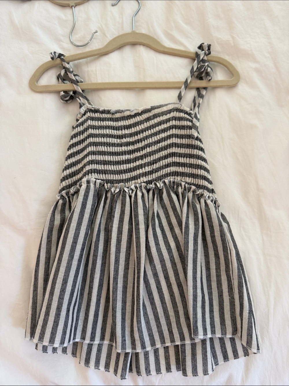 Striped Smocked Tie-Strap Blouse in Gray and White